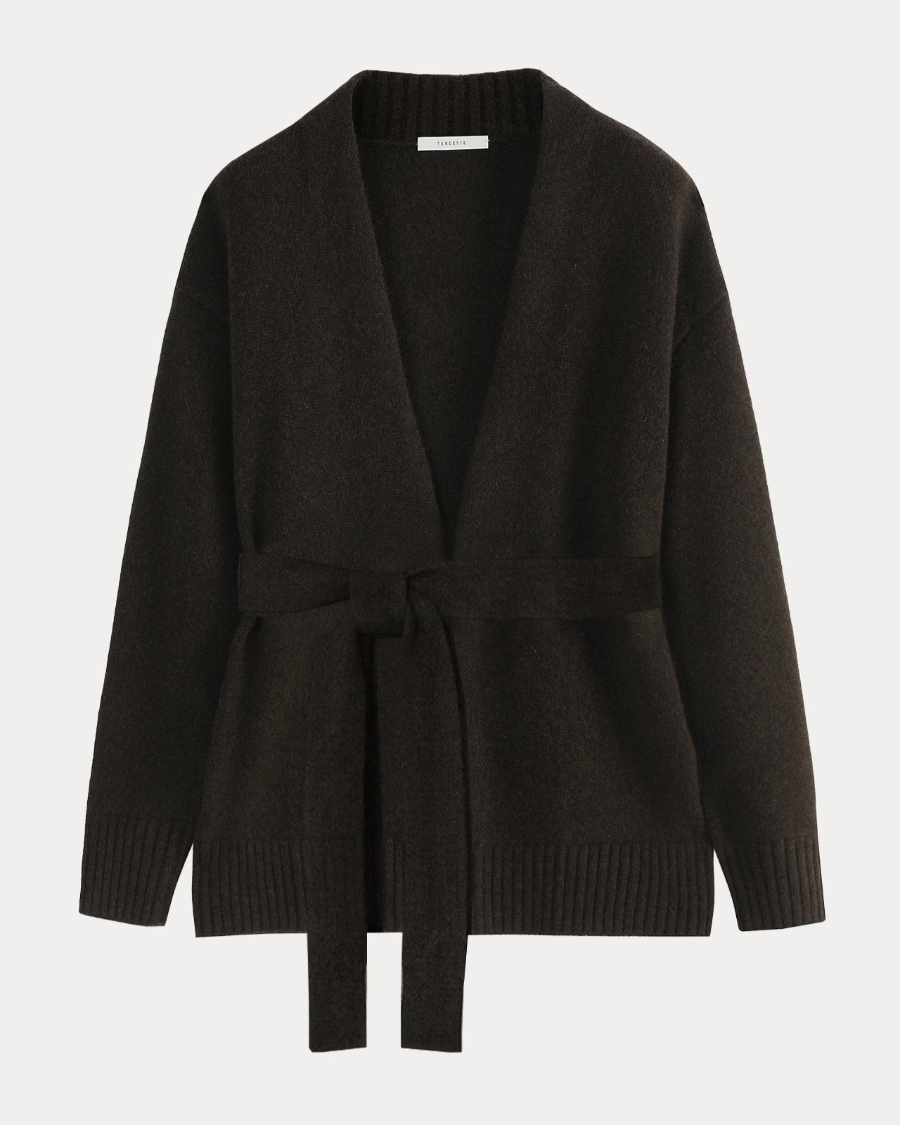 Brown wrap cardigan with a belt on a white background