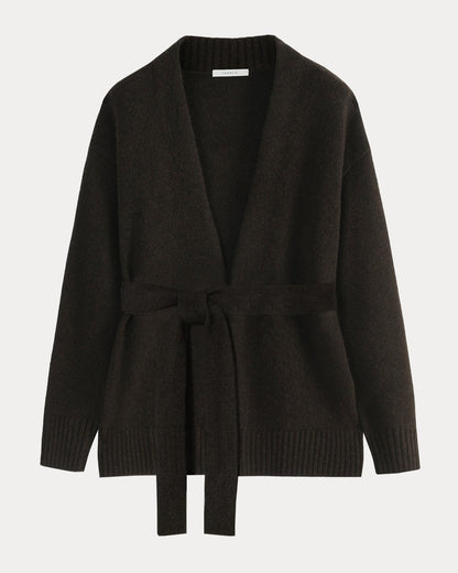 Brown wrap cardigan with a belt on a white background
